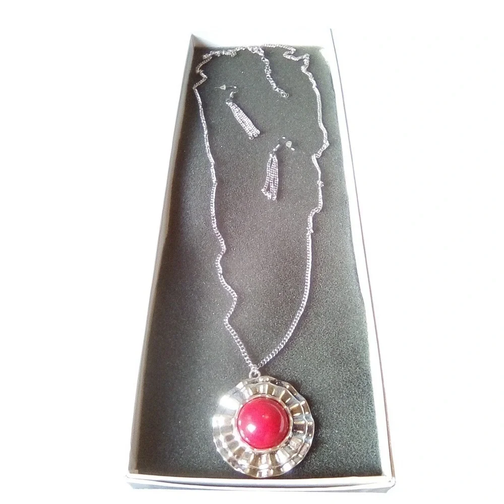 Silver Tone Necklace & Drop Earrings Set with Red Stone Fashion Jewelry gift box